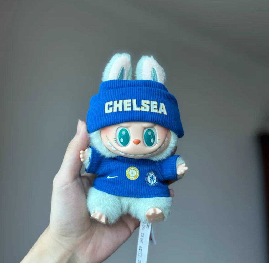 Chelsea Soccer Doll Clothing Outfit for 15cm 20cm Plushies Stuff Toys, Mini Football Jersey Uniform Knit Beanie Hat Glasses Headphones Shoes Set, Dolls Accessories for Football Fans Kids Girls