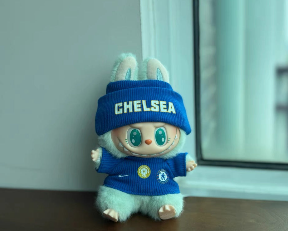 Chelsea Soccer Doll Clothing Outfit for 15cm 20cm Plushies Stuff Toys, Mini Football Jersey Uniform Knit Beanie Hat Glasses Headphones Shoes Set, Dolls Accessories for Football Fans Kids Girls