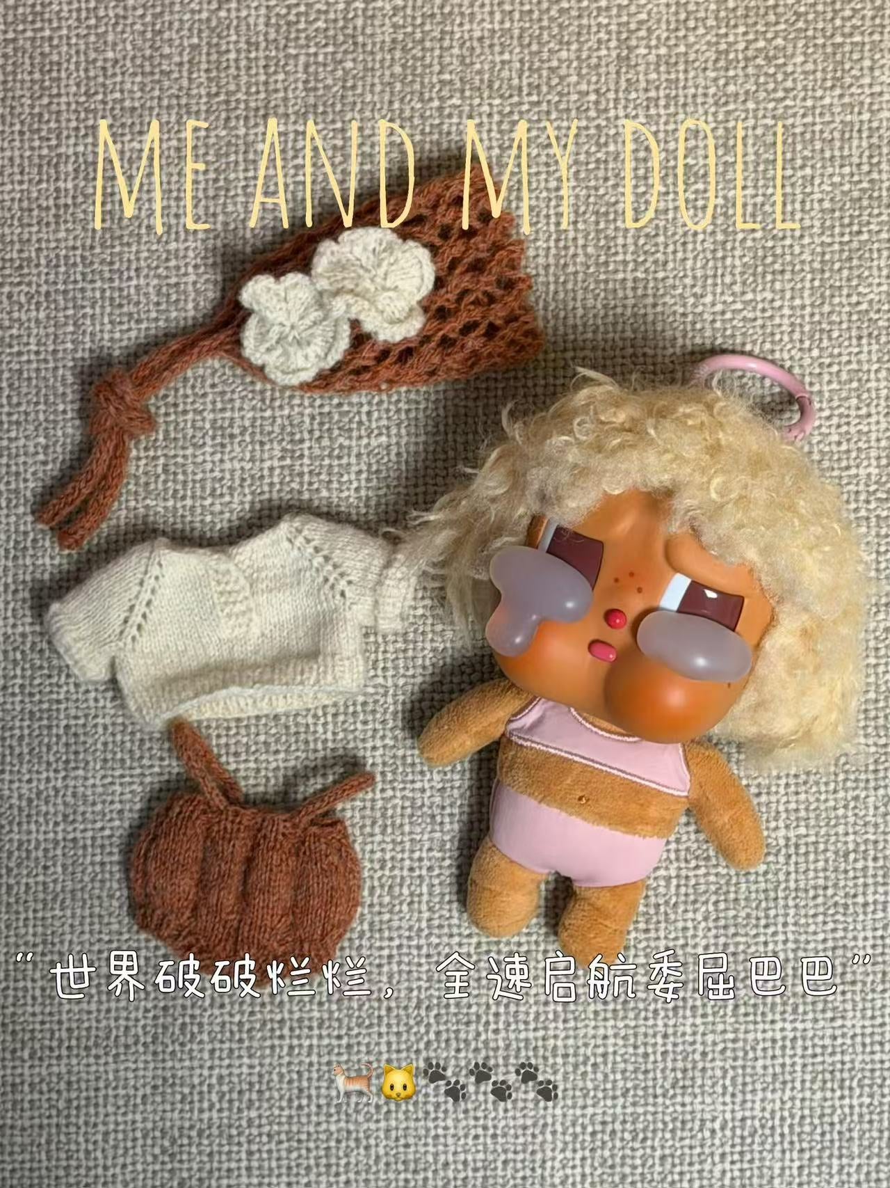 ⁠Handmade Knit Doll Clothes Set - Vintage Suspender Skirt, Knit Shirt & Flower Headband Outfits for 15cm Plush Dolls, Cute Healing Doll Dress Up Accessories Gift⁠