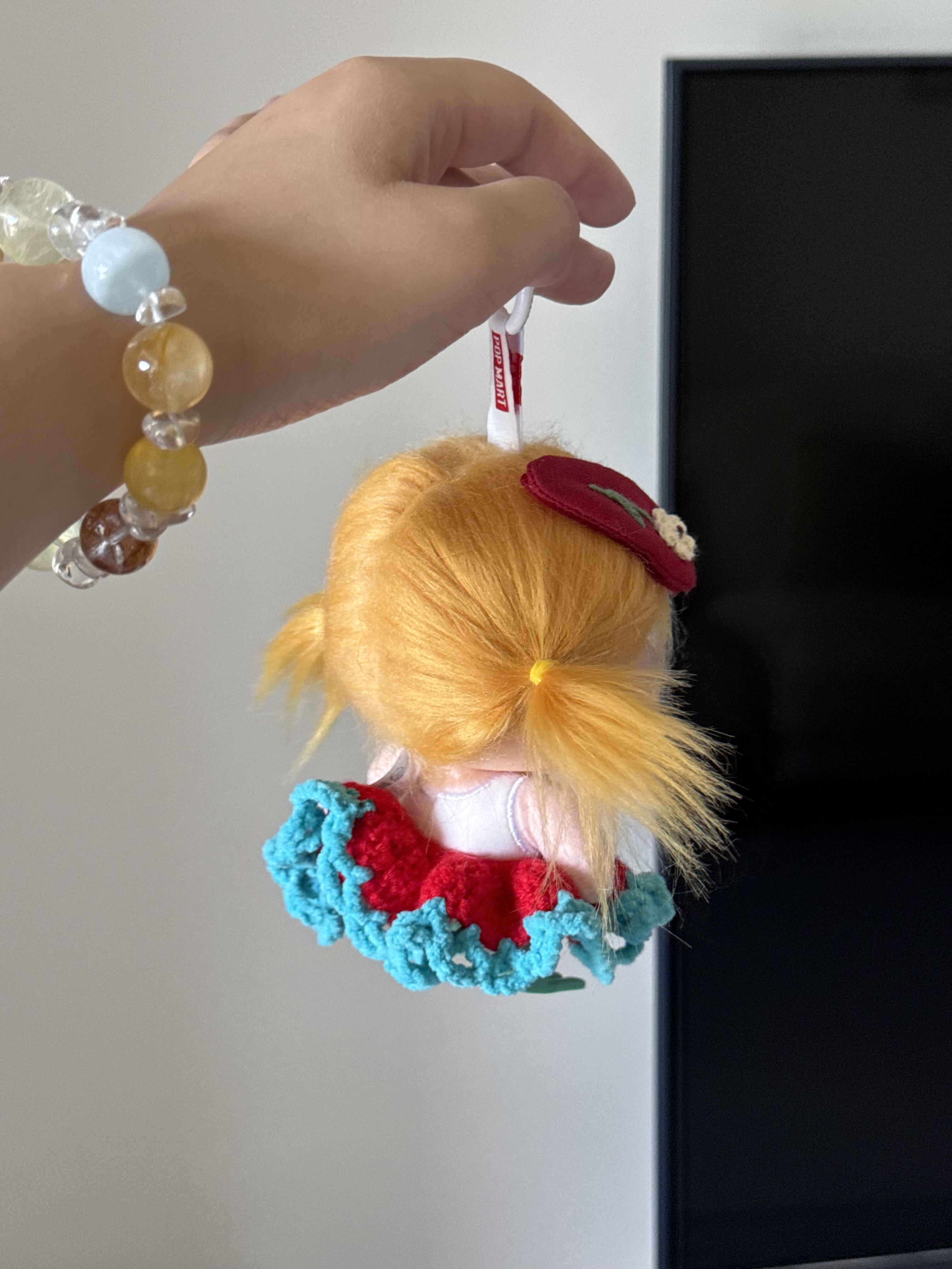 Handmade Crochet Doll Clothes 2-Piece Set for Pop Mart Crybaby Vinyl Plush Pendant, Cute Knit Dress & Hairpin Accessories (DOLL NOT INCLUDED), Red & Teal
