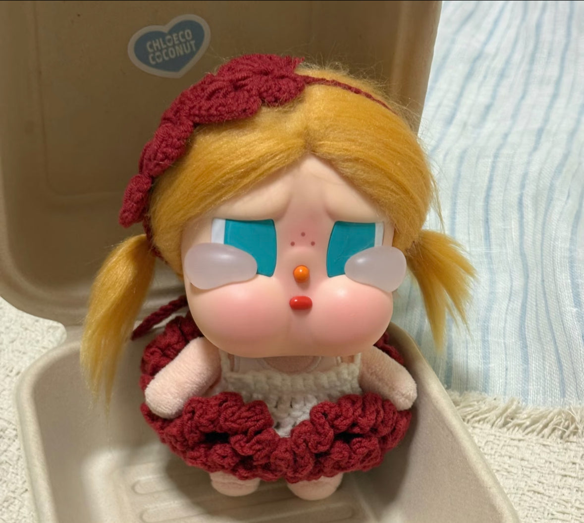 Handmade Crochet Doll Clothes 2-Piece Set for Pop Mart Crybaby Vinyl Plush Pendant, Cute Knit Dress & Hairpin Accessories (DOLL NOT INCLUDED), Red & Teal (Copy)