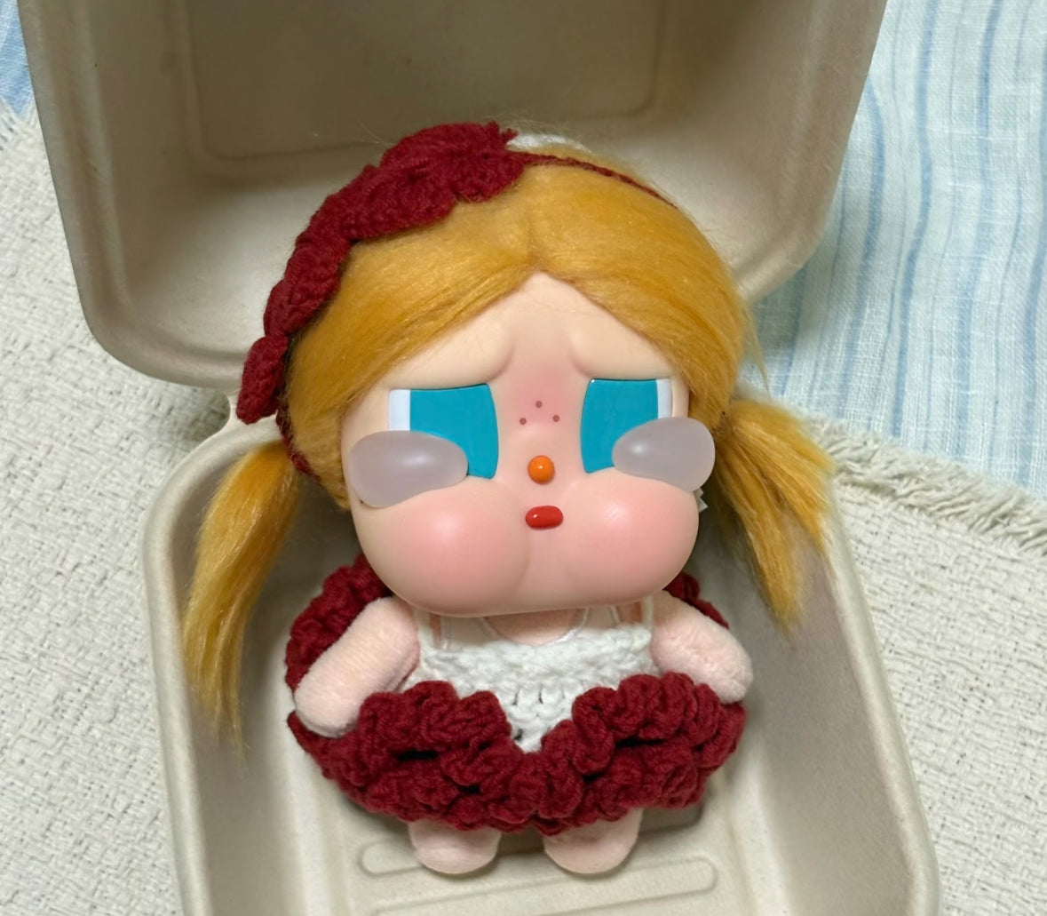 Handmade Crochet Doll Clothes 2-Piece Set for Pop Mart Crybaby Vinyl Plush Pendant, Cute Knit Dress & Hairpin Accessories (DOLL NOT INCLUDED), Red & Teal (Copy)
