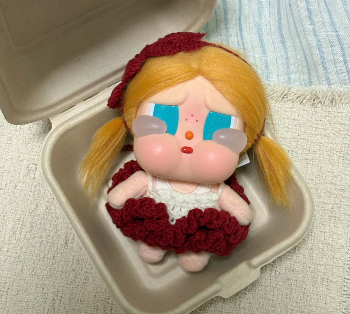 Handmade Crochet Doll Clothes 2-Piece Set for Pop Mart Crybaby Vinyl Plush Pendant, Cute Knit Dress & Hairpin Accessories (DOLL NOT INCLUDED), Red & Teal (Copy)