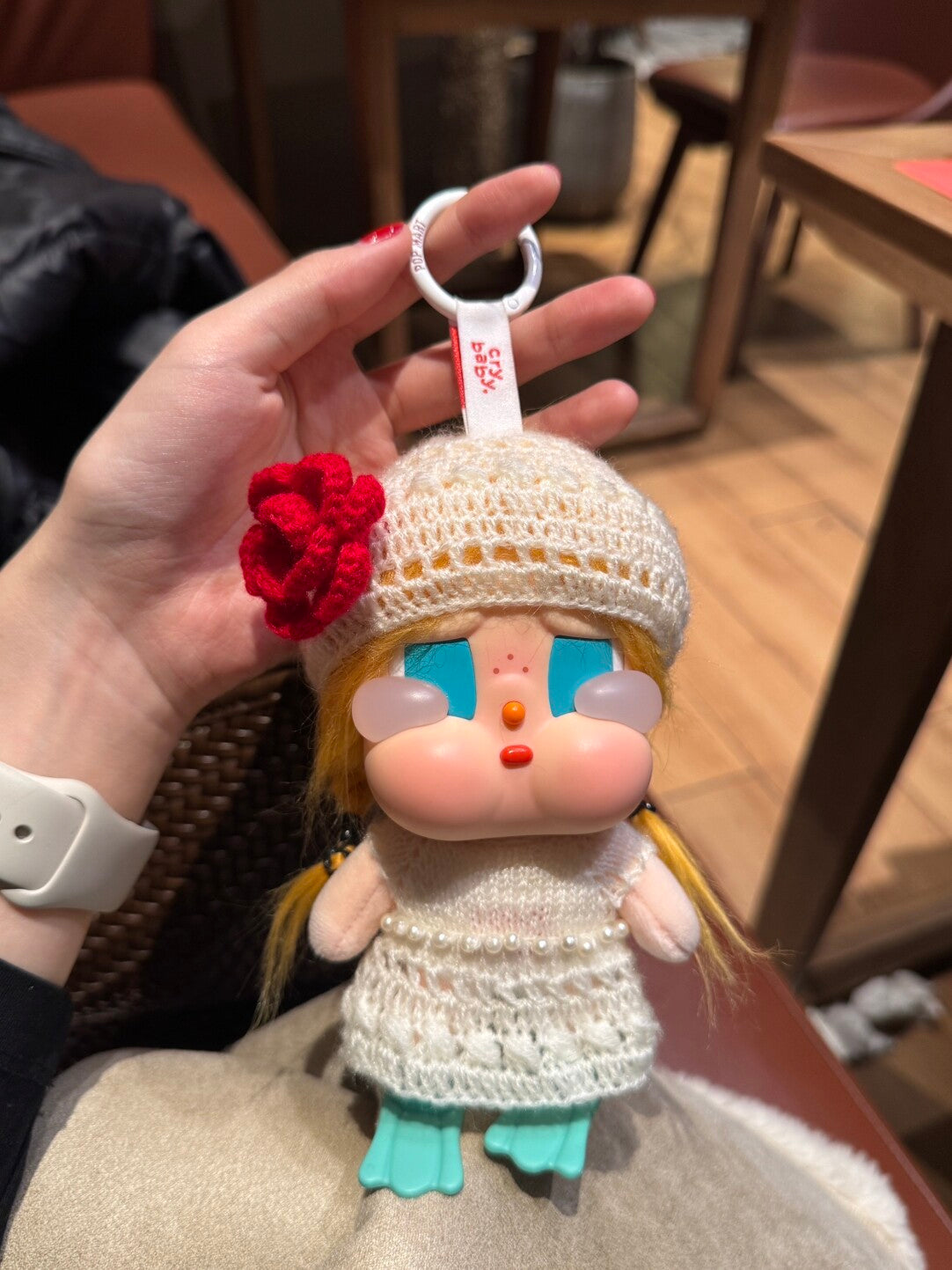 Handmade Crochet Lolita Dress & Rose Hat Set for 17cm Art Toy Doll – White Cotton Outfit for Big-Ears Designer Dolls
